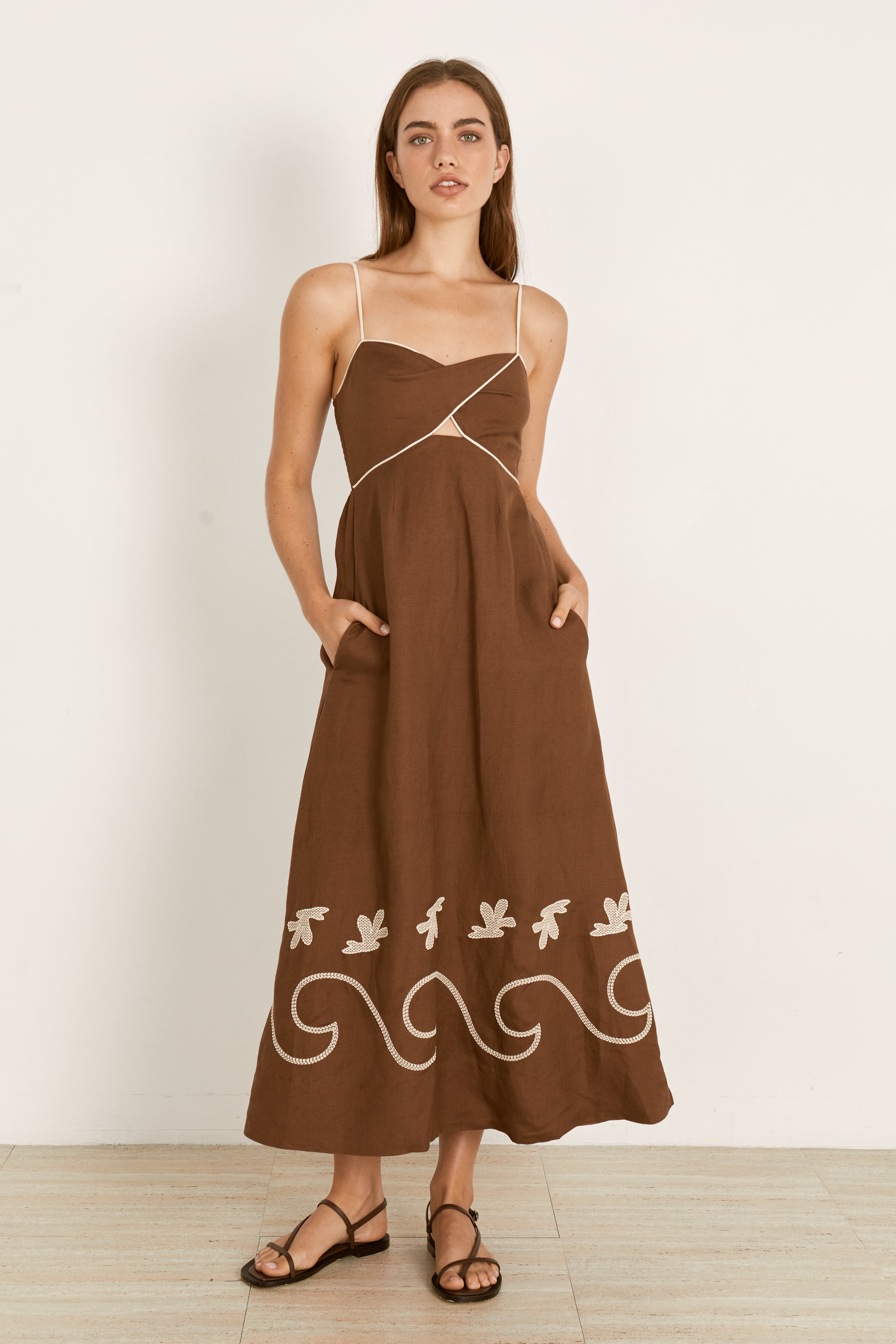 Mon Renn Fresco Embroidered Sundress - Cacao