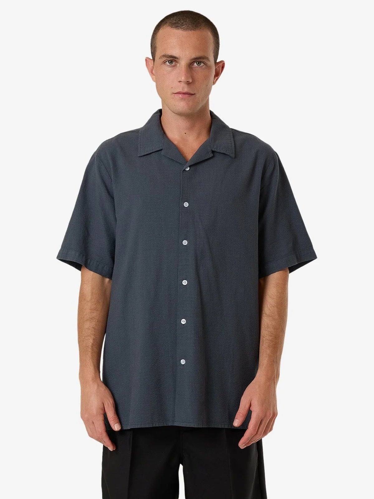 Minimal Thrills Stripe Bowling Shirt Dark Slate Kinfolk Collective
